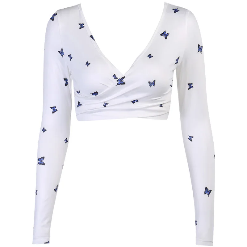 

Buuuu 2020 New Fashion Sexy Butterfly Print Open Navel Cross Deep V Long Sleeve T-Shirt Women Ins Style Y2k Girl