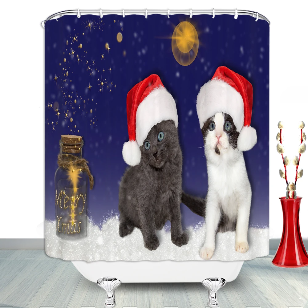 

Cute Cat With Christmas Hat Bathroom Shower Curtains Christmas Home Toilet Decor Living Room Bedroom Wall Bathroom Products