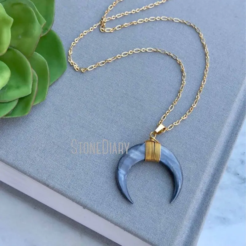 

NM11588 Gray Crescent Moon Necklace Shell Crescent Wire Wrapped Double Horn Pendant Bohemian Boho Necklace Gray Tusk Charm