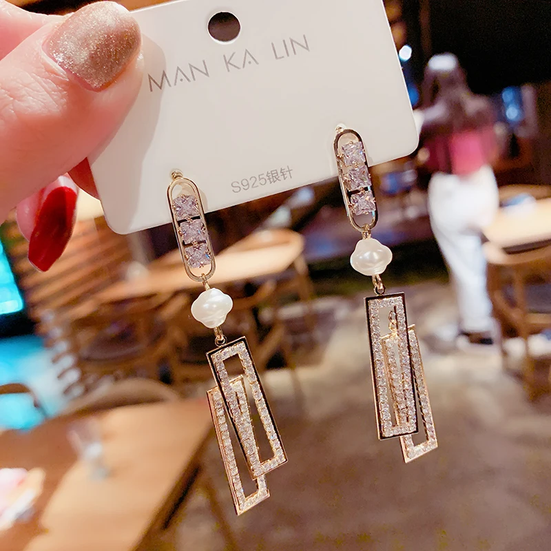 Женские длинные серьги прямоугольные циркониевые холодного ветра 2021 - купить по