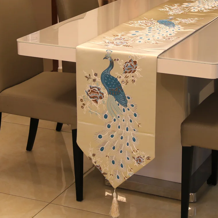

Luxury retro European style embroidery soft upholstery fabric fashion classical Chinese positioning peacock flower table runner