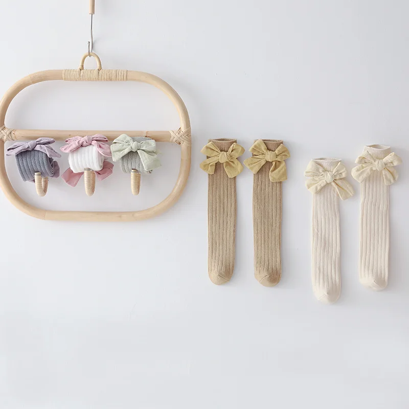 

3-8 Years Old Girls kids Korean Style Fabric Bowknot No Heel Mid-Tube Double Needle Cotton Socks