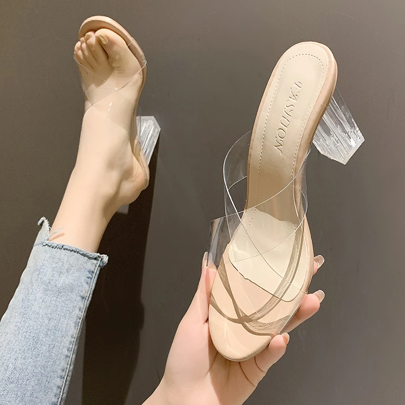 

Женские сандалии на квадратном каблуке, прозрачные шлепанцы с кристаллами и открытым носком, 2022