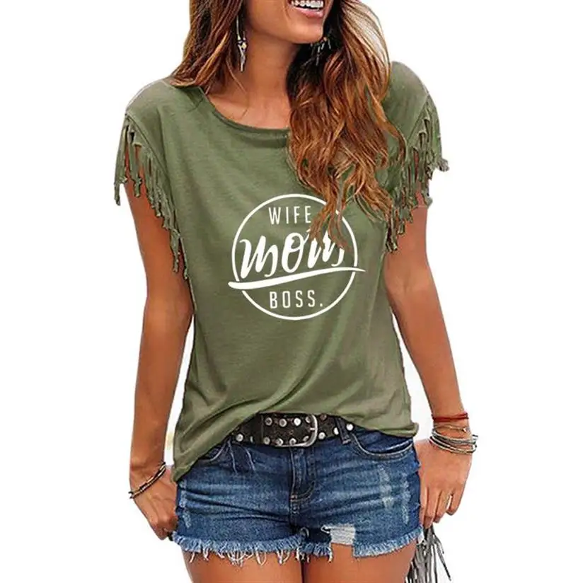 

New Fashion Lovely T-shirt WIFE MOM BOSS Letters Print T-Shirt For Women Harajuku Women Summer Sleeveless Tassel Tops T-Shirt