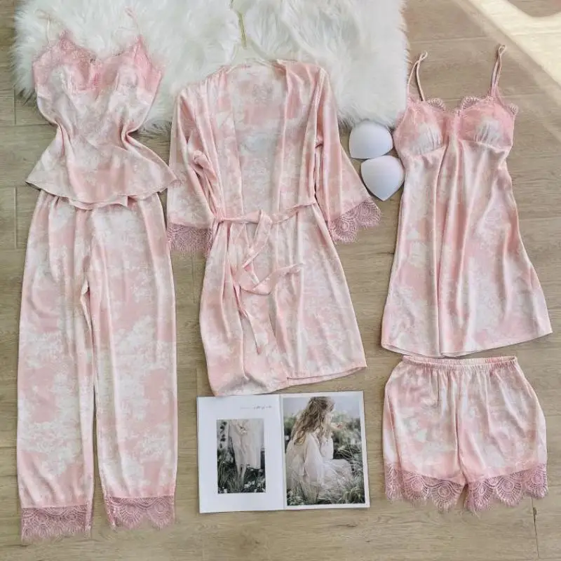 

Пикантный кружевной комплект для сна, Новинка весна-осень 2022, домашняя одежда, интимное белье, пижамный комплект из 5 предметов, Женская дома...