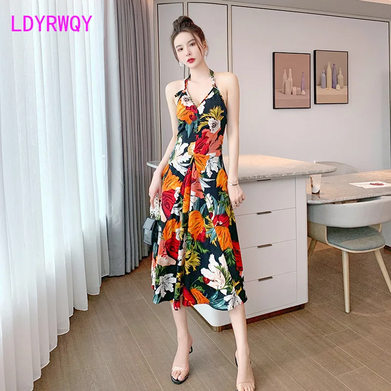 

2021 French sling dress female summer neck halter belt waist Office Lady Sheath Knee-Length Polyester zipper