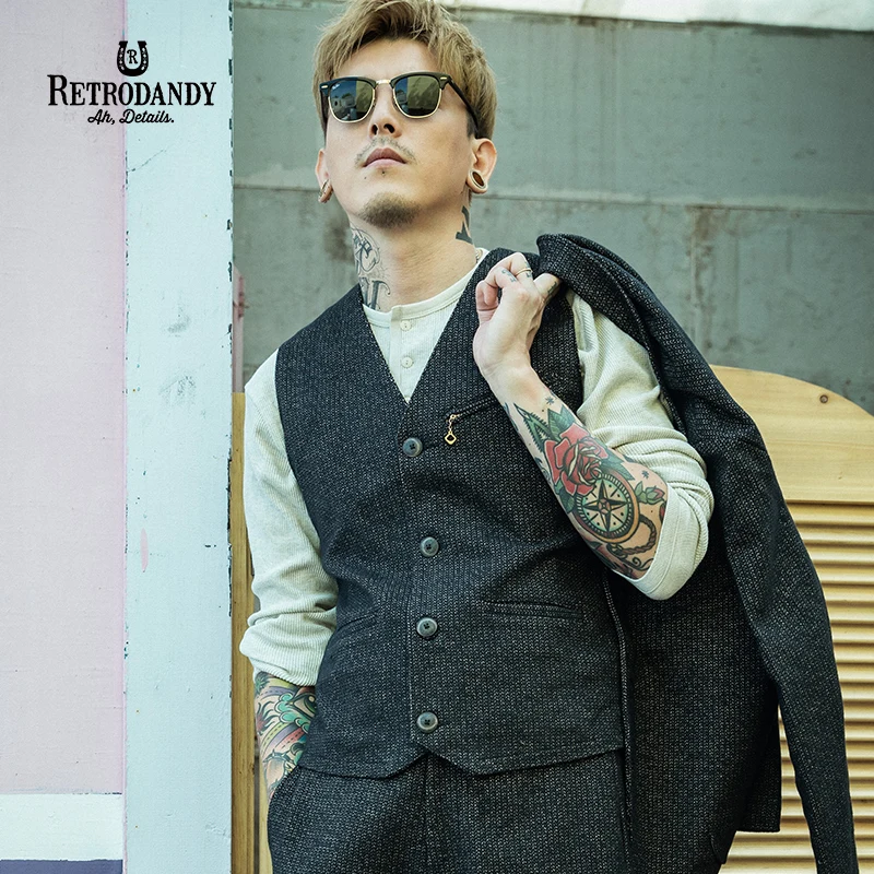 

RETRODANDY Vest Retro Amekaji Mr. Swallow Casual Homme Blazer Vintage Slim Fit Men
