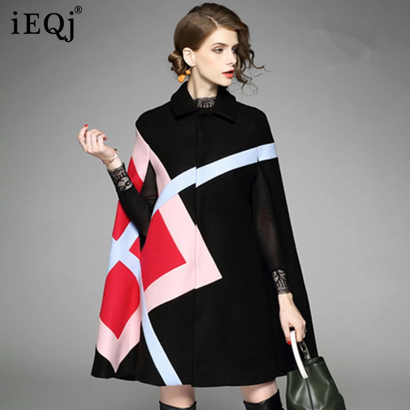 

IEQJ 2021 Autumn Winter New Cloak Coat Female Loose Thickened Woolen Contrast Color Coats Women Fashion Clothes 3W020