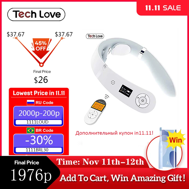 

Массажер для шеи Tech Love электрический умный массажер для шеи инструмент для облегчения боли с 6 режимами массажер для тела