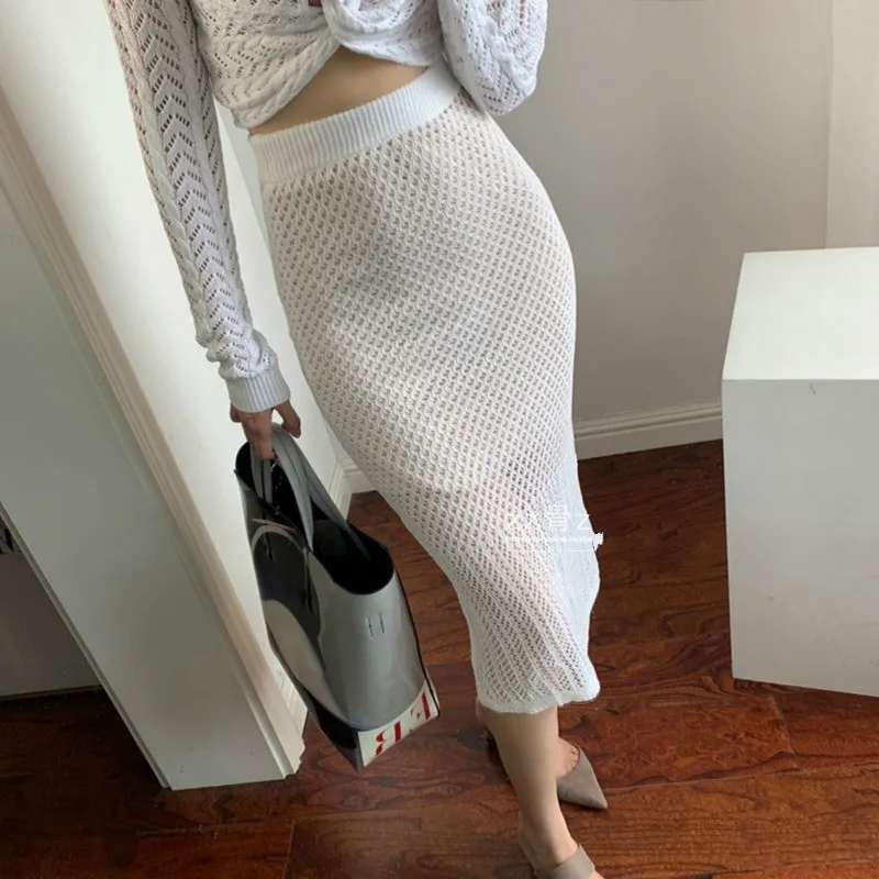 

New French Europe Mesh Crochet Hollow Sexy Perspective Split High Waist Elegant Long Womens Lace Skirt 5KVR