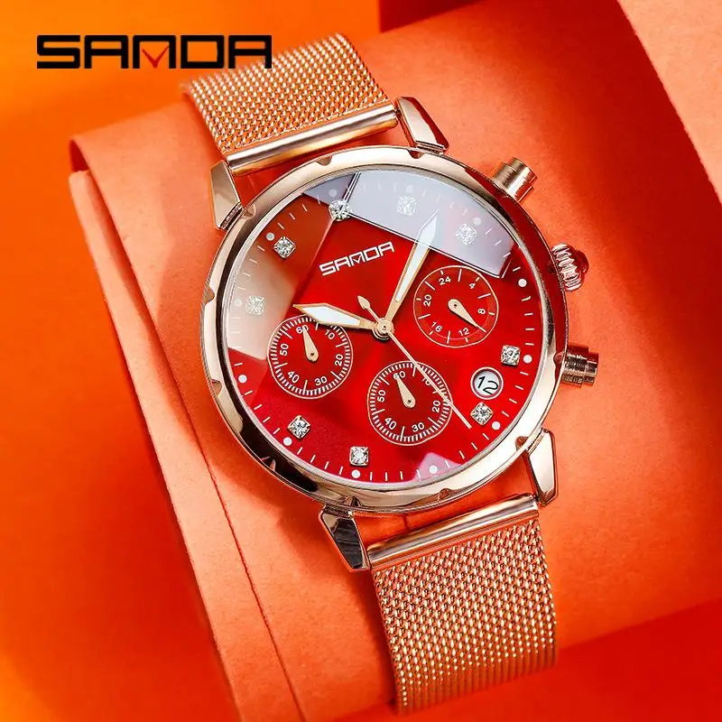 Часы наручные Sanda женские модные простые водонепроницаемые с тремя глазами и
