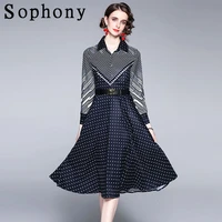 2021 spring autumn runway vintage geometric dress office lady shirt collar long sleeve printed midi party dress with belt s6a356