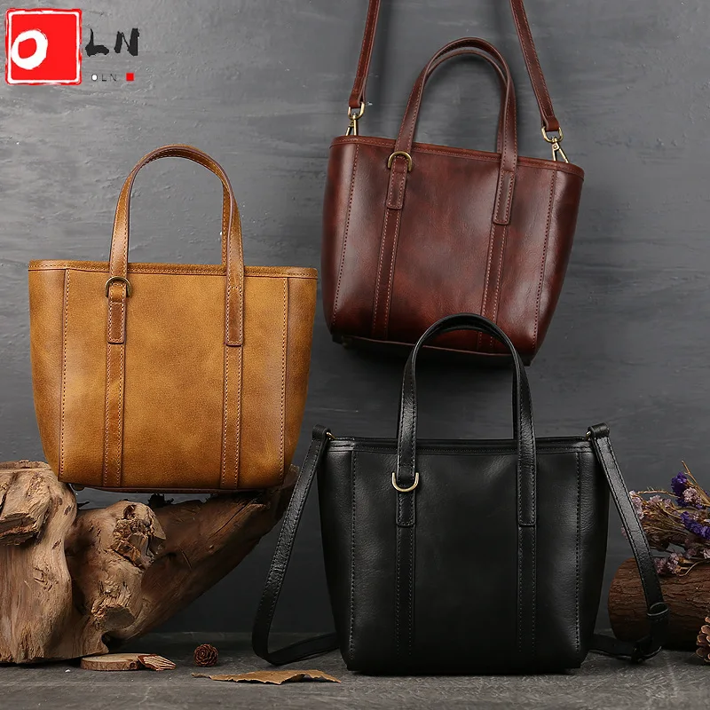 OLN Women Genuine Leather Shopper Bag Ladies Retro Handbag 2021 New Retro Shoulder Bags Large Capacity Vintage Female Tote Bag