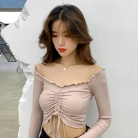 women off shoulder sexy elegant t shirts female long sleeve top knitted fashion solid color lady tees comfy autumn basic chic