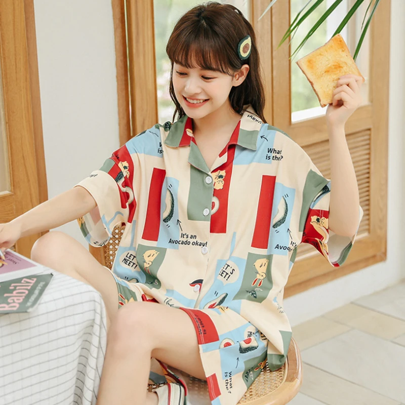 

Пижама женская, из 100% хлопка, с коротким рукавом и отложным воротником