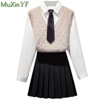 lady spring autumn fashion clothing set 2021 new preppy style student casual white shirt sweater vest black pleated skirts suit