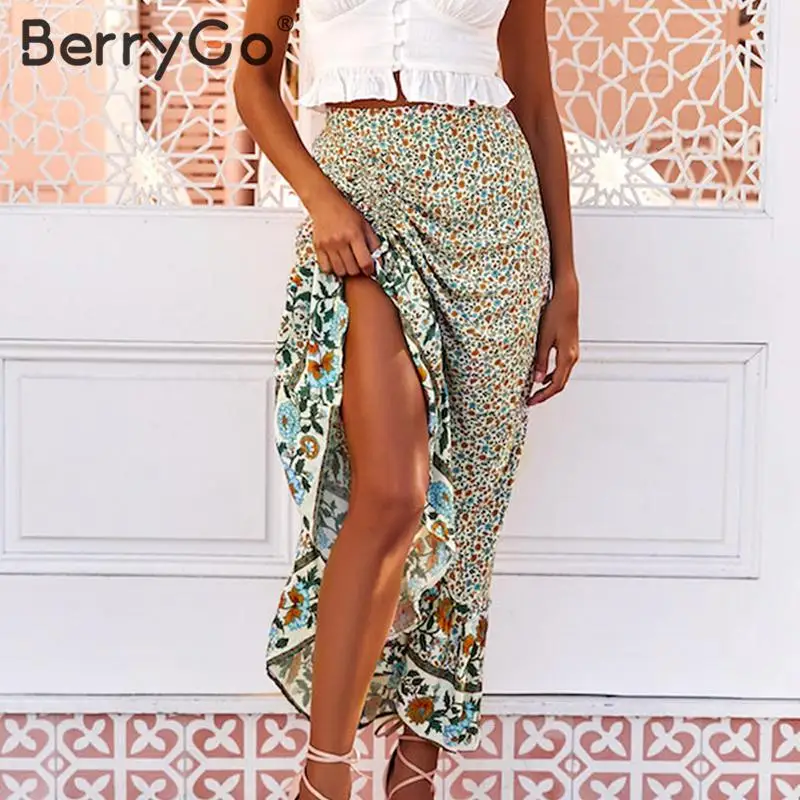 BerryGo богемная длинная юбка с цветочным принтом женская повседневная для пляжа