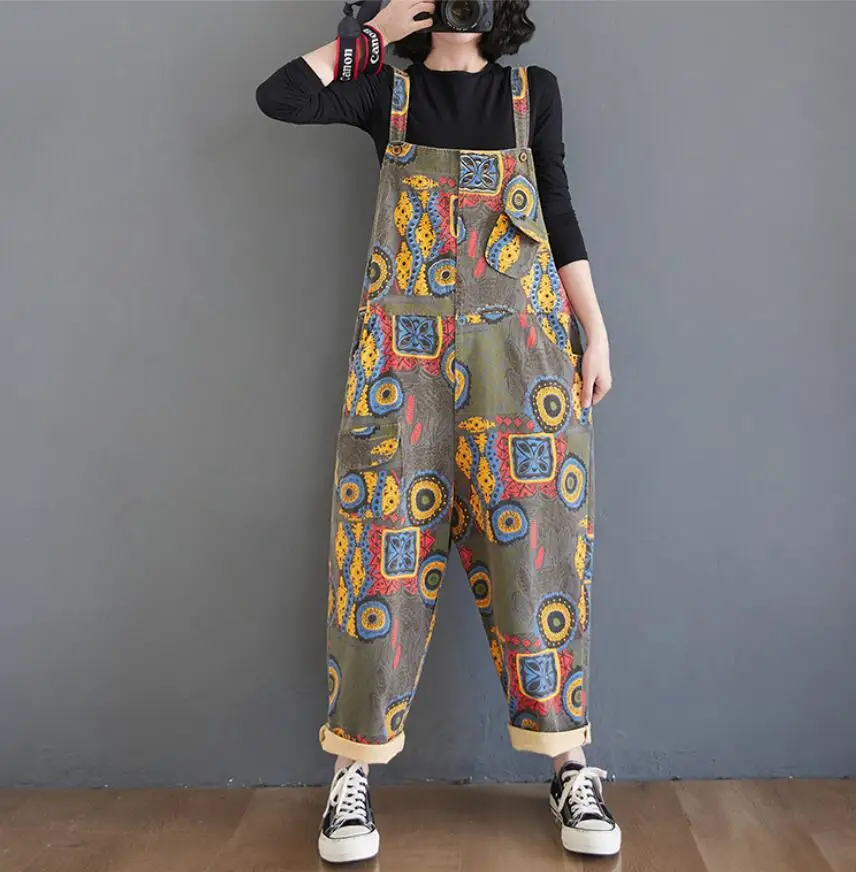 

Джинсовый комбинезон с винтажным принтом, женский джинсовый комбинезон с широкими штанинами, большие размеры, s866