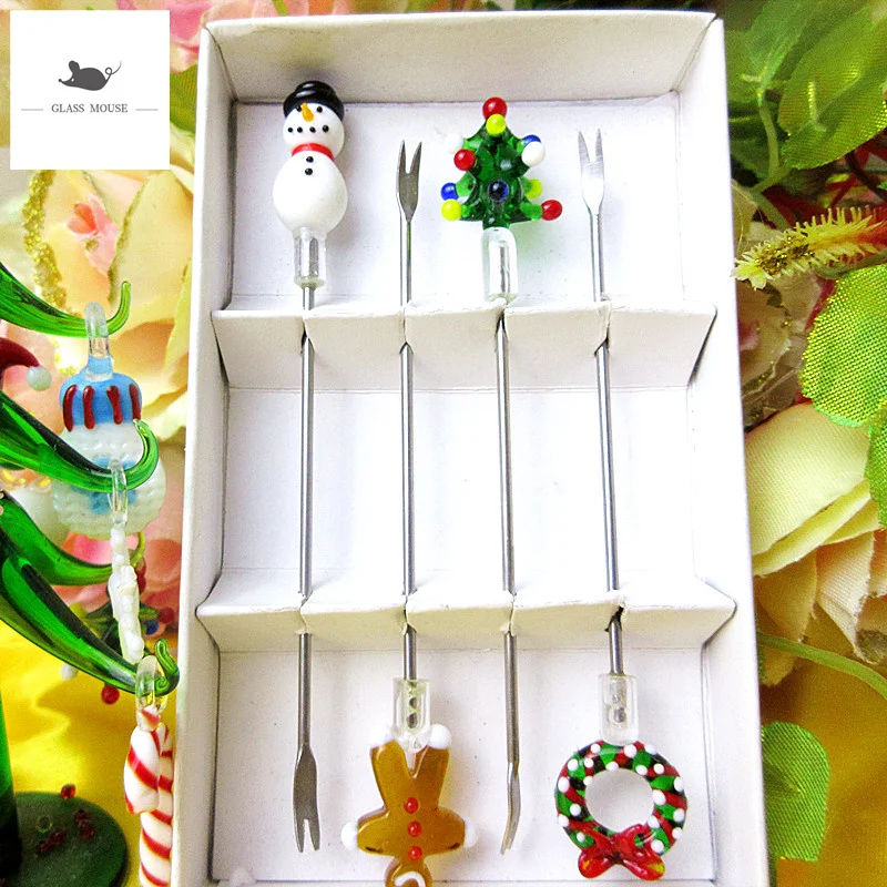 Custom cute handmade murano glass christmas tree fruit fork set miniature tableware stainless steel Cocktail Cake dessert sticks | Дом и сад