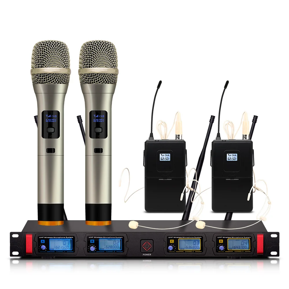 Professional wireless microphone UHF 4 channel fixed frequency dynamic display headset speech stage performance | Электроника