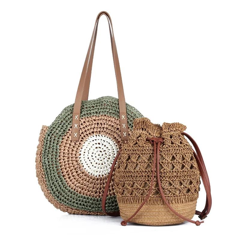 Пляжный комплект для женщин, соломенный рюкзак для девочек, летняя сумочка из соломы, сумка через плечо из ротанга от AliExpress WW