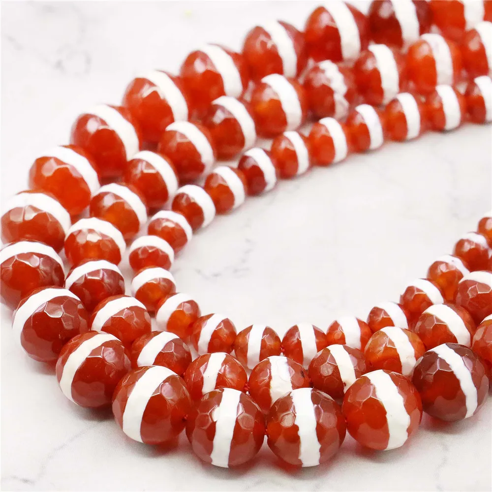 

6 8 10mm Round Faceted Red White Stripe Agates Loose Beads DIY Onyx Natural Stone Women Girl Fashion Jewelry Making Design