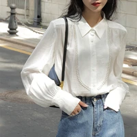 womens court style pearl decoration long sleeve blouse commuter versatile lapel white shirt single breasted loose top spring