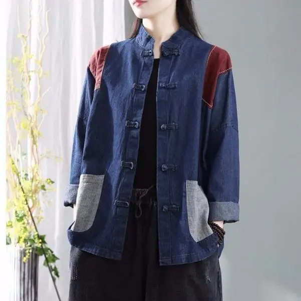 Женская джинсовая куртка с эффектом потертости, винтажная рубашка в китайском стиле с воротником-стойкой, Повседневный Кардиган, весна-осе... от AliExpress RU&CIS NEW