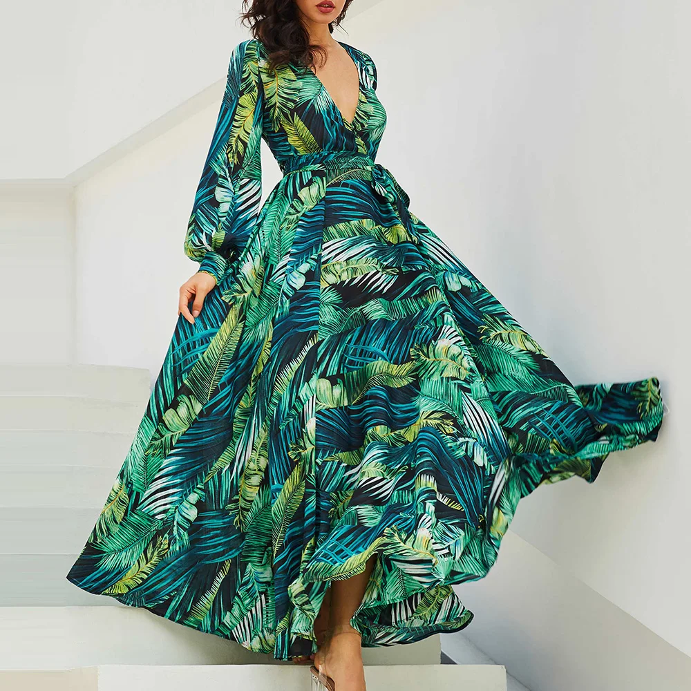 

Women Boho Green Maxi Dress Floral Print Long Beach Dresses 2020 Summer Long Sleeve Deep-V Neck Plus Size Trips Travel Fashion