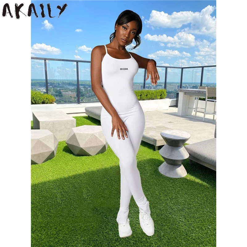 

Akaily Streetwear Casual 2021 Solid Backless Sleeveless Summer Rompers Womens Jumpsuit Bodycon White Black One Piece Jumpsuits