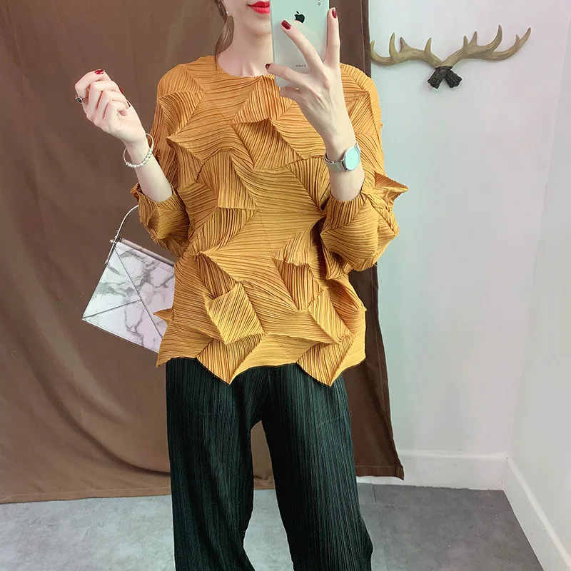 Большие размеры, футболки, осенние женские, большие, эластичные, Miyake, плиссированные, с круглым вырезом, однотонные, свободные безрукавки для женщин, 45-75 кг