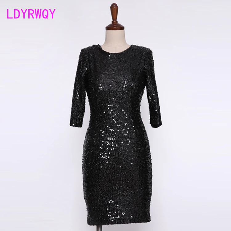 

2020 spring new female beauty temperament slim package hip backless sequins dress O-Neck Office Lady
