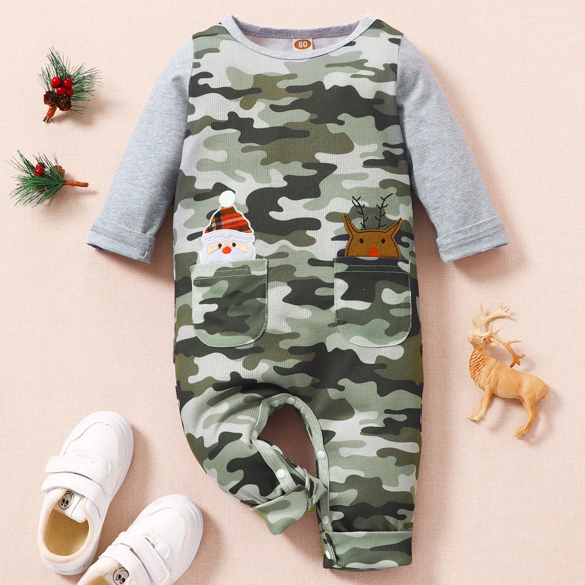 

New Baby Romper Boys Long Sleeve Christmas Costume Camouflage Embroidered One-piece Without Hood