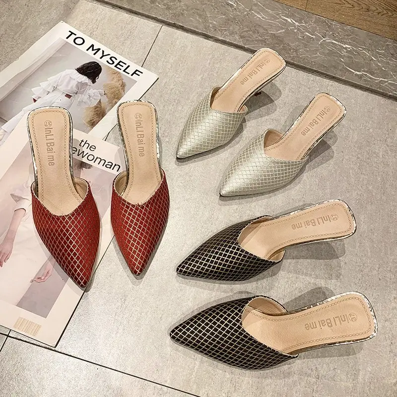 

XIXIYIPIN Luxury Designer Brand Women Slippers High Heels Shoes for Women Gold Plaid Woman Pumps Slides Summer Mules Fashion
