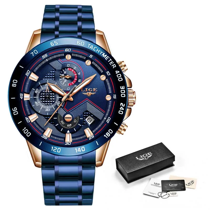 

LIGE Business Men Watch Luxury Brand Stainless Steel Wrist Watch Chronograph Army Military Quartz Watches Relogio Masculino+Box