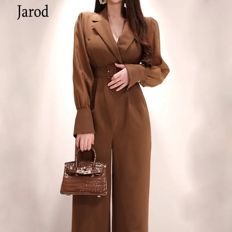 Модные элегантные женские комбинезоны с зубчатым воротником и широкими