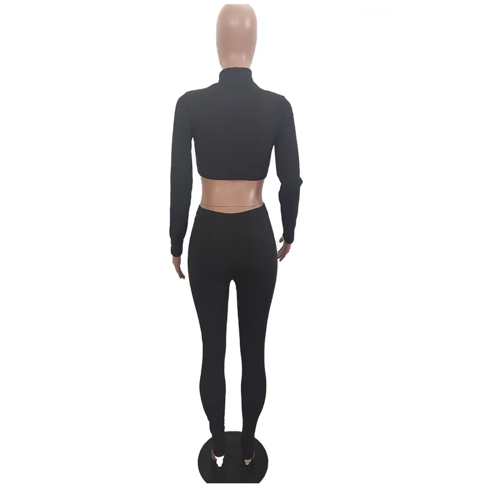 

Sexy Solid Bodycon Sportswear Suit Woman Two-pieces Outfits High Necked Long Sleeve Slim Crop Top+skinny Legging Two Piece Suits