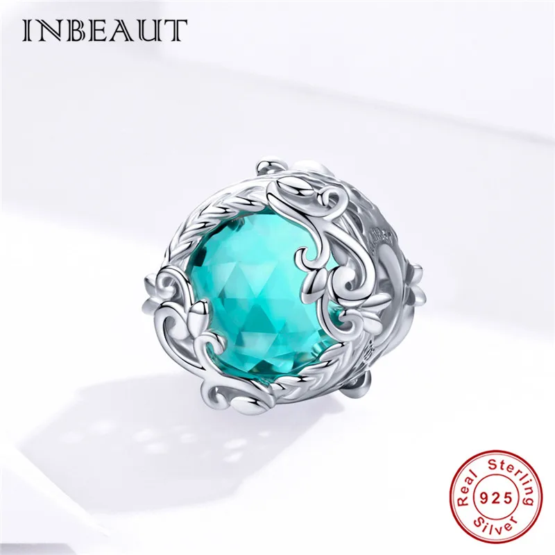 INBEAUT настоящий 925 пробы, серебряные, зеленые циркониевые бусины для садовых растений, подходят для браслетов Пандора, подвески с длинной травой для самостоятельного изготовления ювелирных изделий