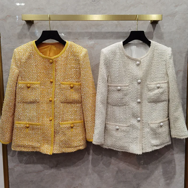 

High Quality Women O-neck coat 2021 Autumn winter Women's 100% Silk Lining pockets elegant tweed jackets C358
