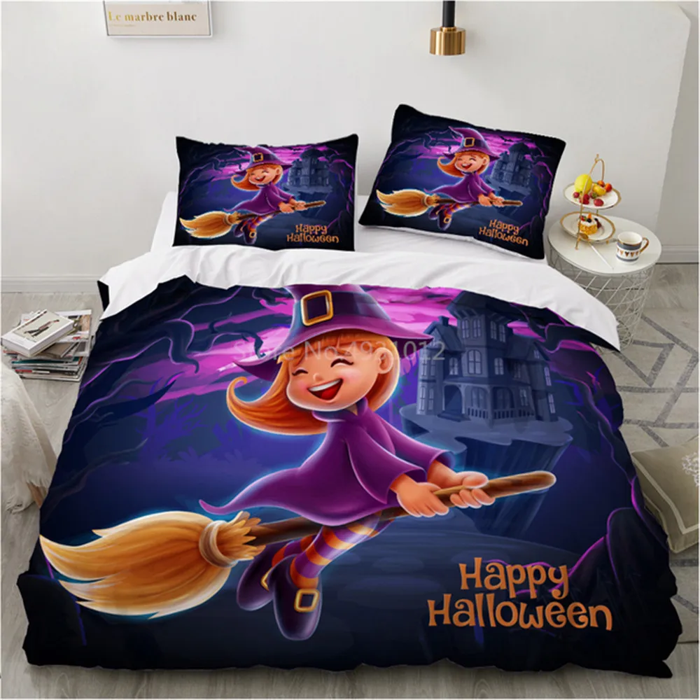 

Happy Halloween Duvet Cover Set Pumpki Hat Bedding Set Skull Cartoon Beds Set Purple Blue Halloween Home Textiles Microfiber