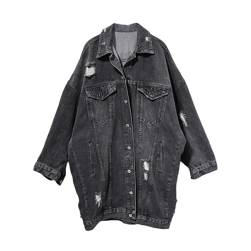 

Autumn Vintage Hole Women Long Black Denim Coat Square Collar Bat Sleeved Pocket Button Loose Oversize Female Jackets Streetwear