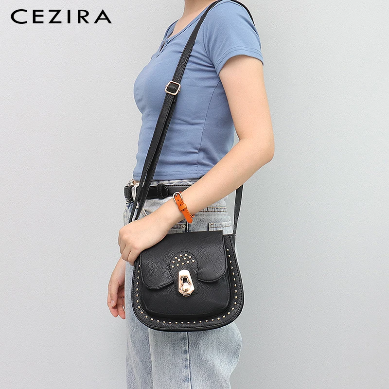 

CEZIRA Brand Fashion Women PU Vegan Leather Saddle Bags Luxury Design Studs Flap Small Handbags Female Crossbody Messenger Purse