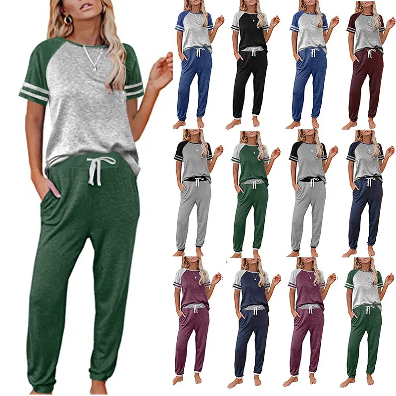 

2021 Summer New Women's O-neck Leisure Sports Short-sleeved Trousers Panelled Stripes Pant Sets Female Spliced Two Piece Suit