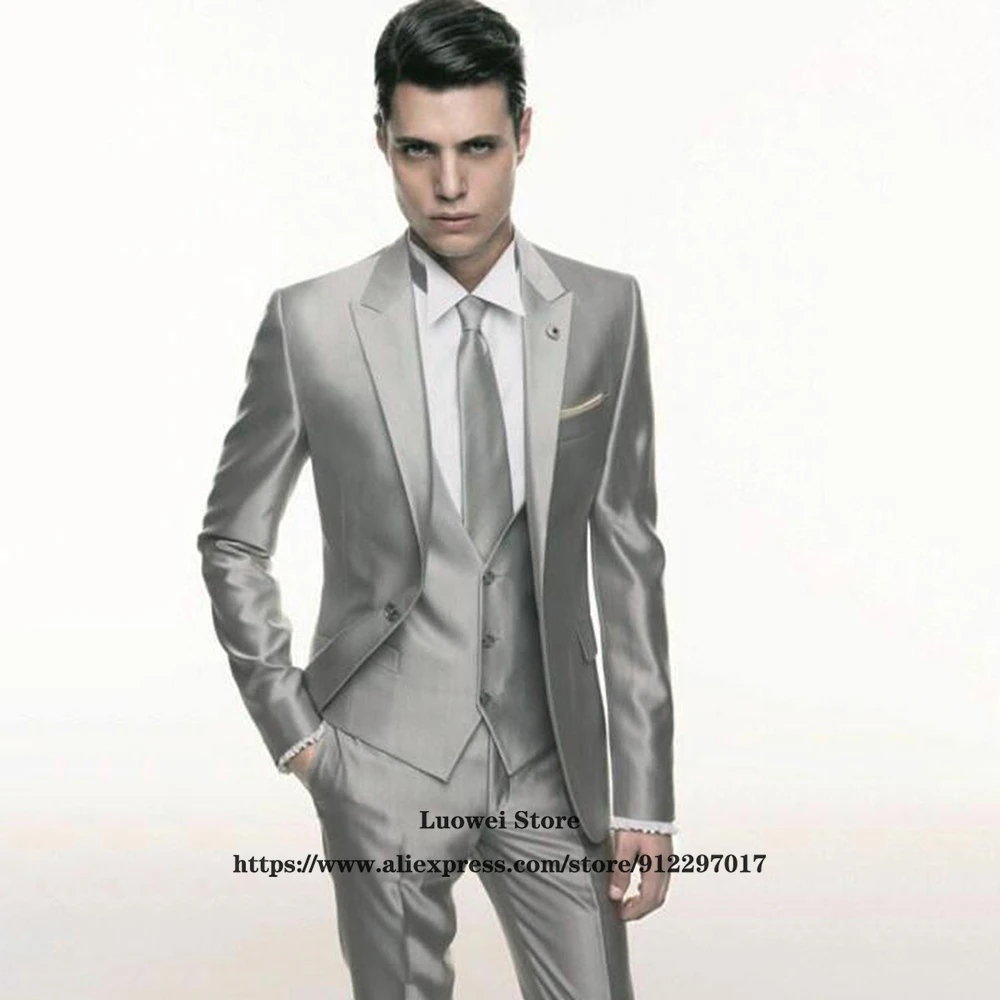 Мужской облегающий костюм для жениха серебристо-серый свадебный смокинг с