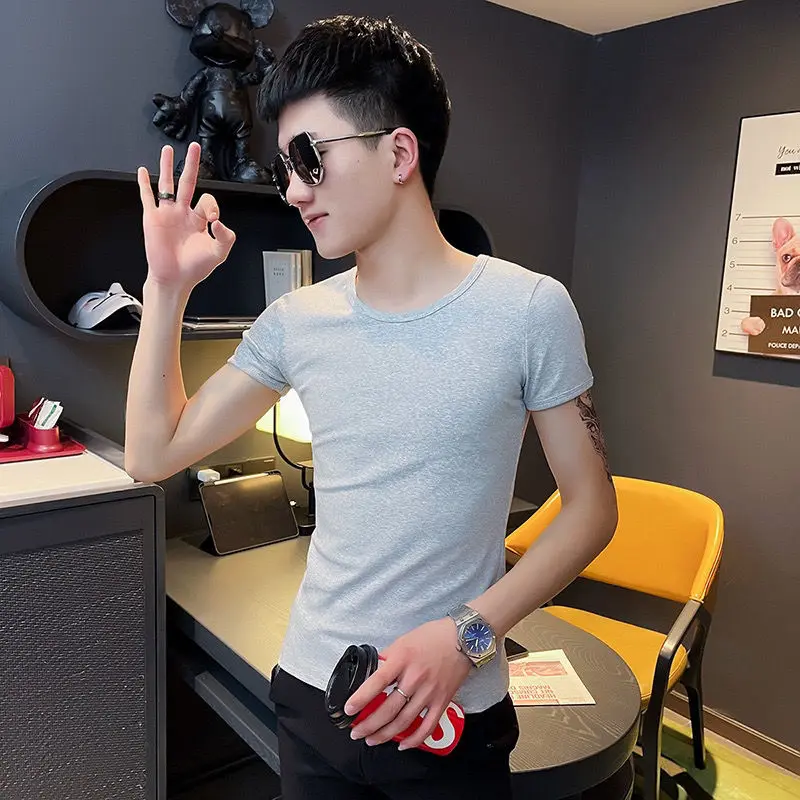 

Summer new Korean slim fit cotton elastic short sleeve t-shirt men's Youth Net red round neck solid half sleeve short T-shirt