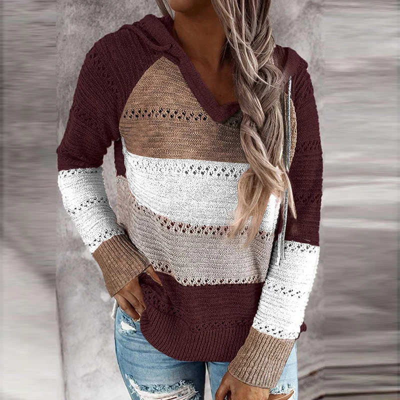 

V Neck Patchwork Hooded Sweater Women 2020 Autumn Casual Long Sleeve Knitted Sweater Top Winter Striped Elegant Pullover Jumpers