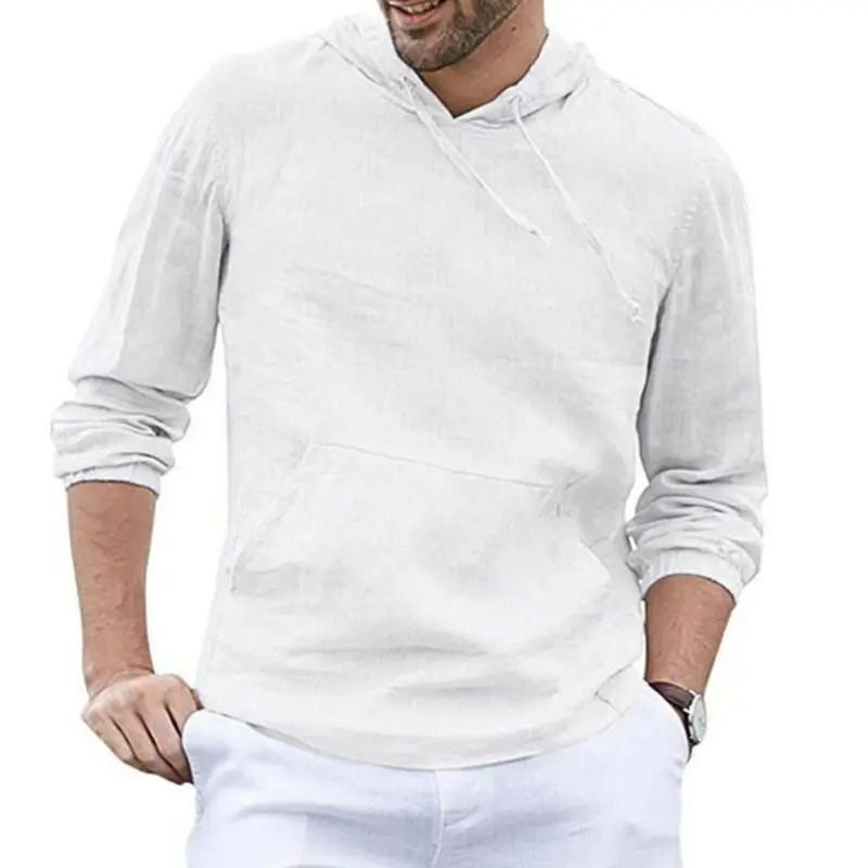 Футболка мужская с капюшоном хлопково-Льняная приталенная дышащая мягкая