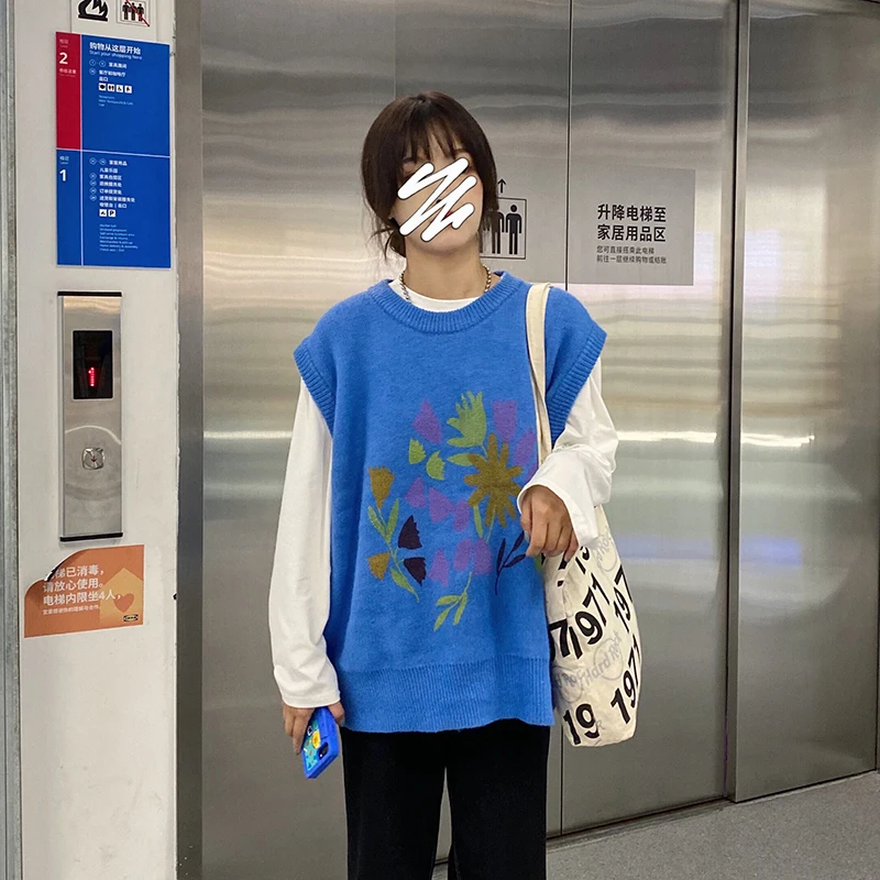 

2020 korean preppy style floral vest sweaters womens knitted sweaters womans pullovers (F1443)