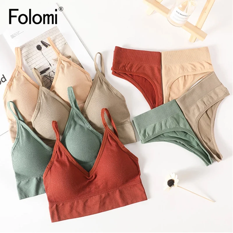 

Folomi, Женские топы и стринги, комплект, бесшовный топ на бретелях, дамские стринги размера плюс, комплект с бюстгальтером, Женский мягкий укор...