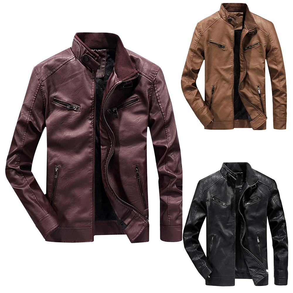 

2022 Men's Synthetic Leather Jacket Solid Spring/Autumn Casual Stand-Up Pockets Roll Tab Sleeve Men Half High Collar Warm Coats